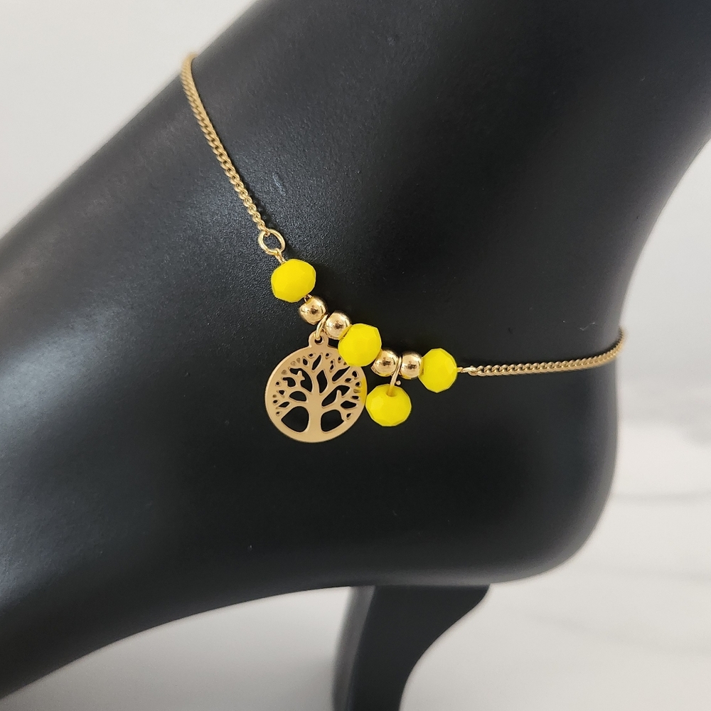 Gold Tree of Life Anklet with Yellow Beads 18K Plated Beachy Adjustable Ankl